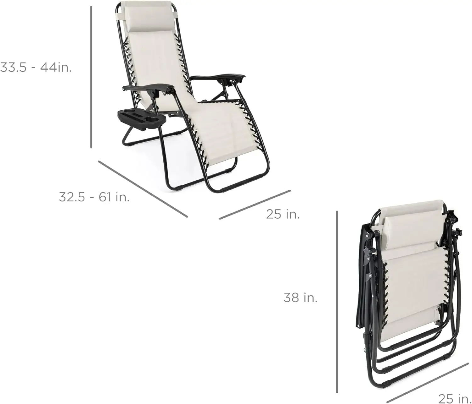 2 adjustable wire mesh zero gravity recliner chairs with pillow and cup holder tray - ivory color