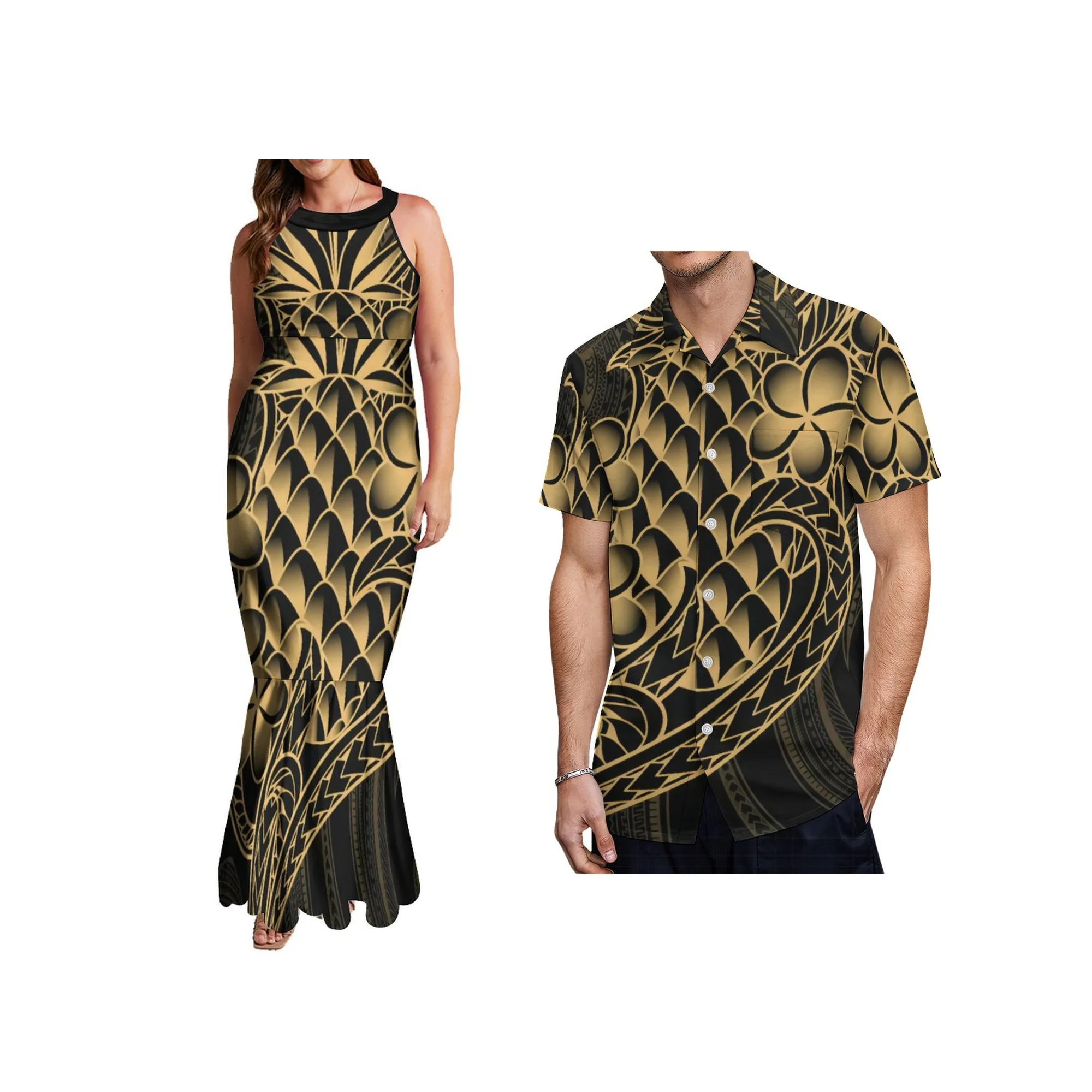 

Wholesale Custom Women Elegant Halter Neckband Sleeveless Fishtail Evening Dresses Polynesian Samoa Tribal Printed Mermaid Dress