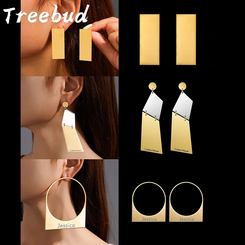 

Treebud Personalized Rectangle Large Hoop Earring Custom Name Stainless Steel Engrave Earrings for Women Girls Jewelry Party