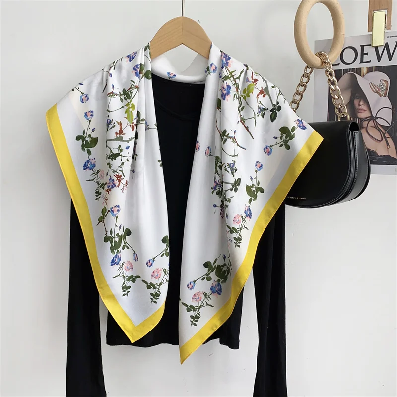 2024 Spain Fashion Million Floral Square Silk Scarf Ladies High Quality Print Soft Shawls and Wraps Bufanda Muslim Hijab 90*90Cm