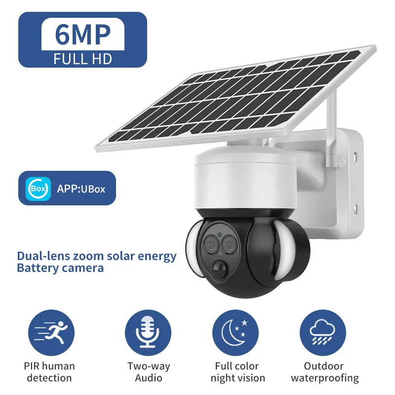 6MP Ubox APP Dual Lens 20x Zoom Full Color Solar Power WIFI/4G IP Dome Camera AI Humanoid Detection Security CCTV Baby Monitor