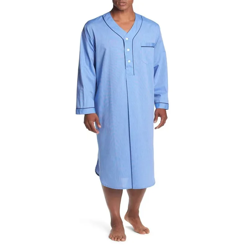 Muslim men's robe, spring and autumn style, loose stand-up collar, door tube, long sleeve, mid-length robe, solid color pajamas