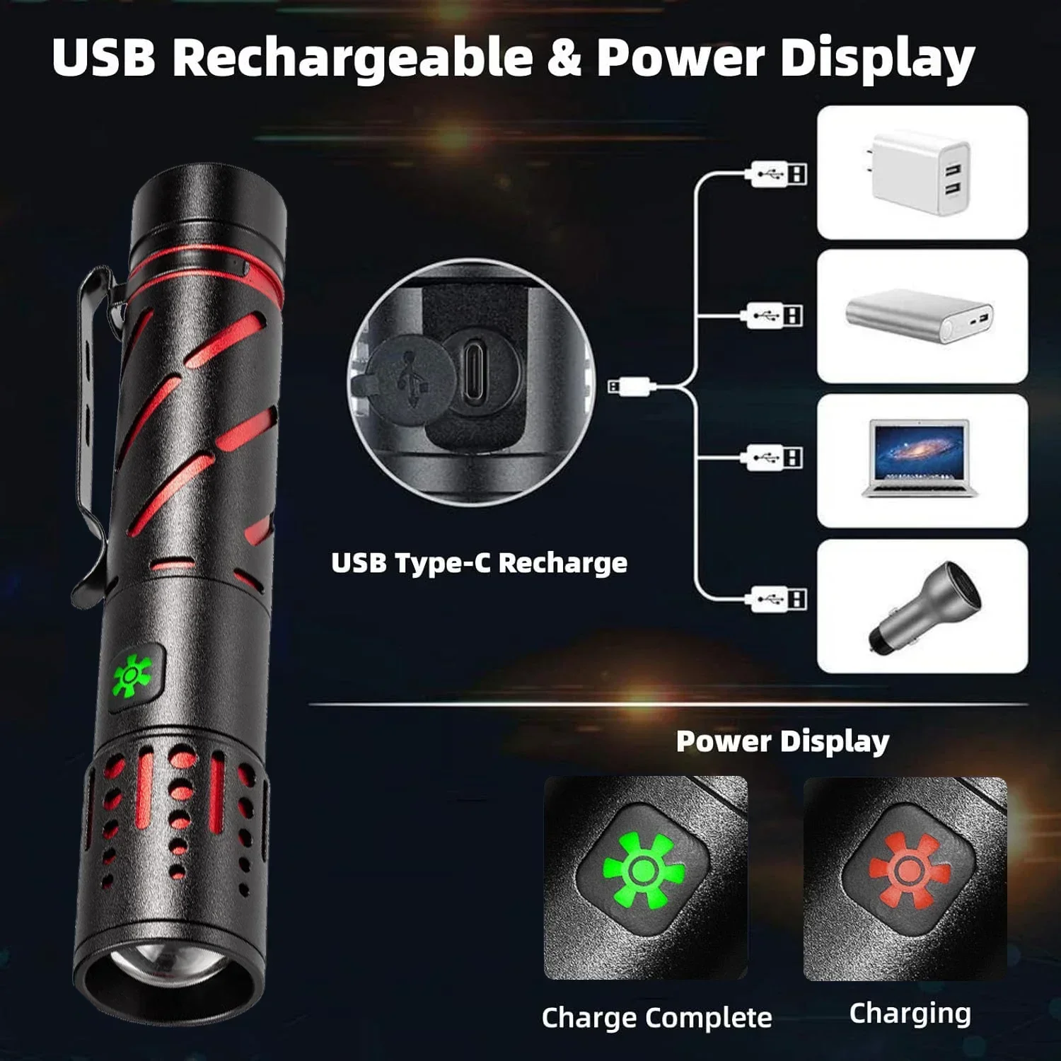 Powerful LED Flashlight Type-C USB Rechargeable Flashlights Telescopic Zoom Torch Waterproof Work Light Camping Flashlight