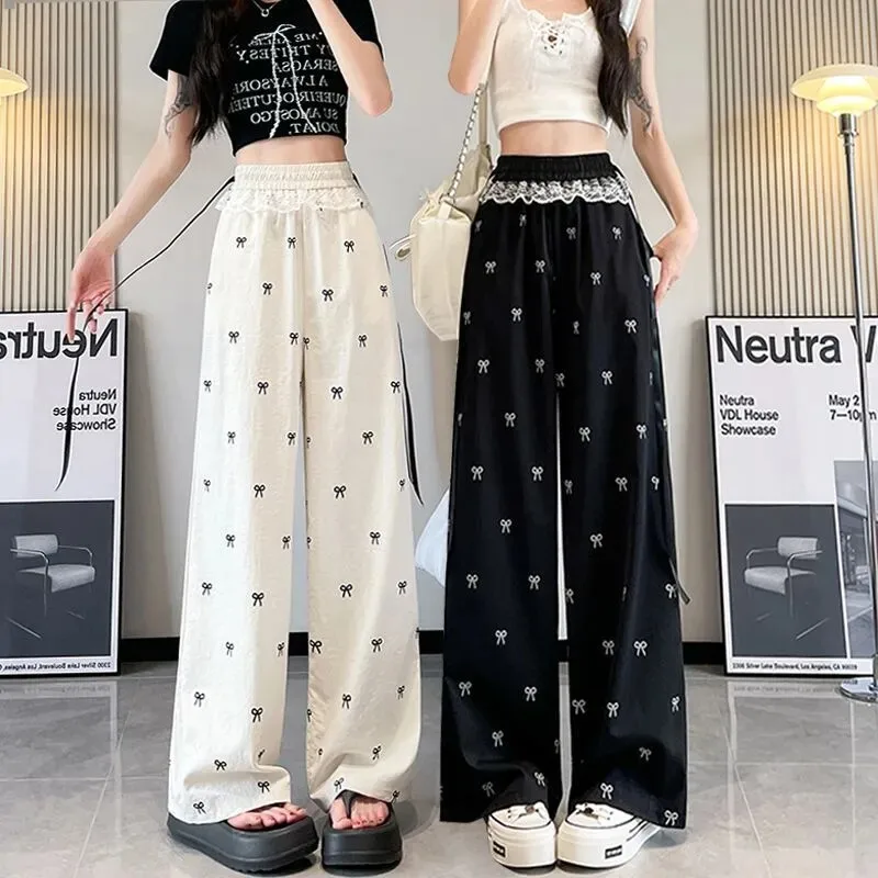

Black Knot Print Wide Leg Pants Women's Casual Lace Splicing Loose High Waist Straight Leg Floor-Length Trousers