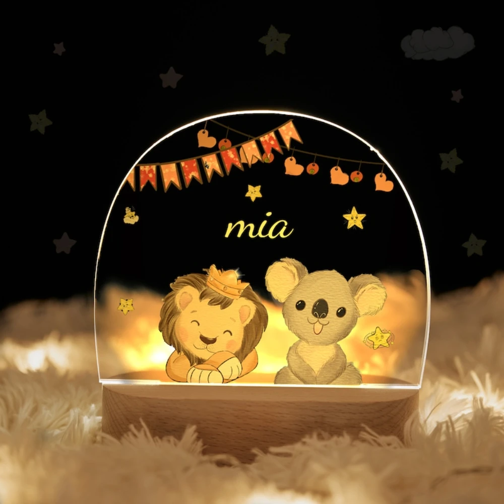 Luz nocturna de nacimiento personalizada para bebé, lámpara con Base de madera USB, nombre personalizado, Animal, elefante, jirafa, Decoración de mesa de dormitorio, arcoíris