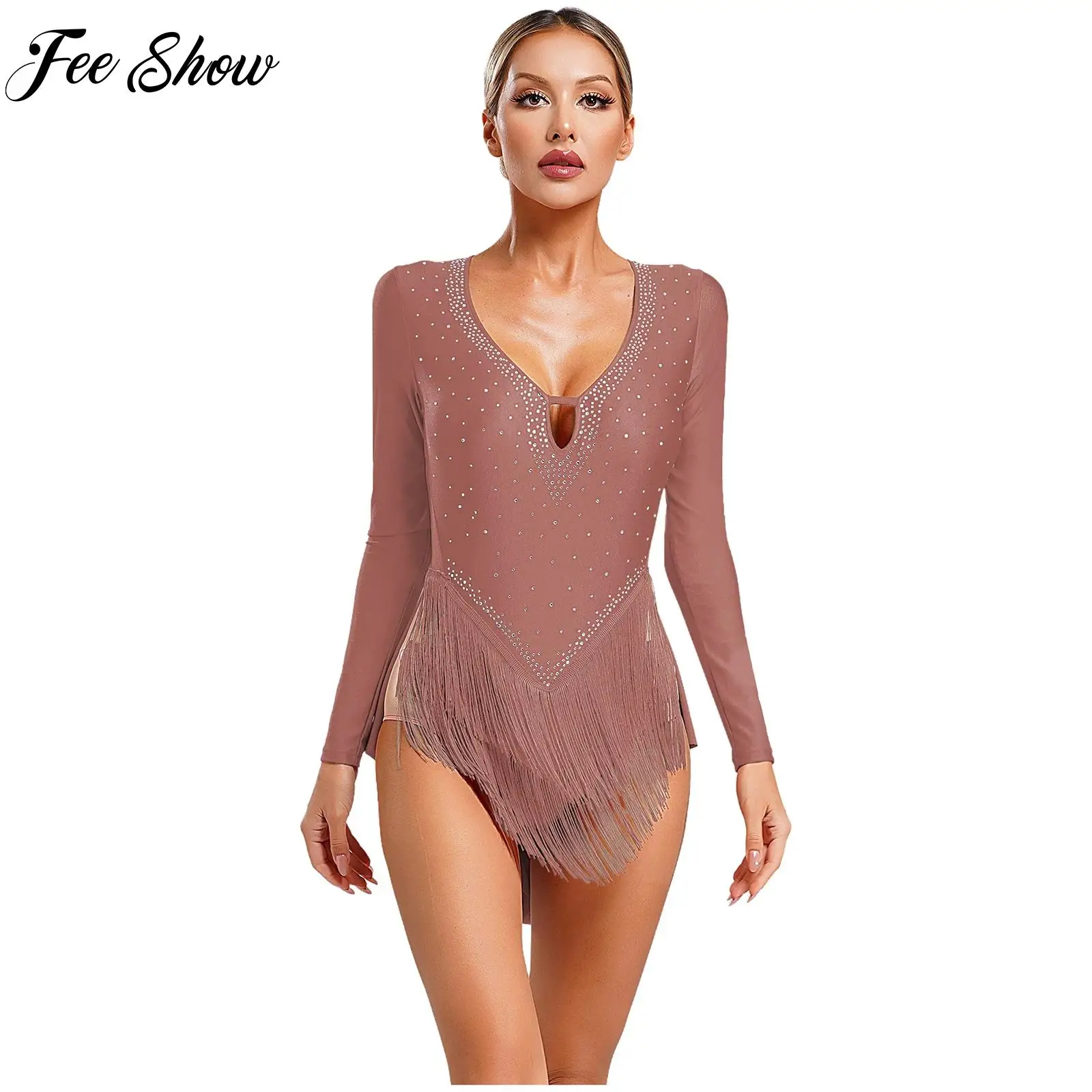 

Womens Latin Dance Cocktail Club Performance Costume Glittery Rhinestones Fringe Gym Leotard Deep V-Neck Long Sleeve Bodysuit