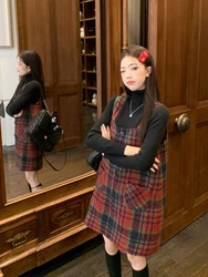 Korobov Christmas Red Plaid Strap Dress Female Autumn Winter New Vintage Dresses Slimming Sweet Age Reduction Woolen Base Skirt