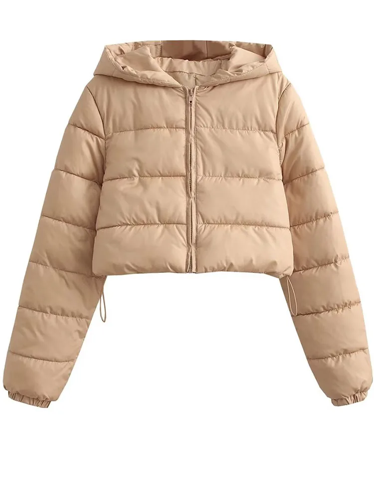 

Hooded Padded Jacket Women Fashion Warm Down Coat Winter Casual Solid Cotton Outerwear Female Vintage Long Sleeve Zip Short Coat