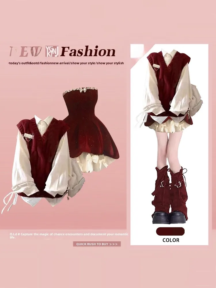 

Cisas Theme College Sle Layered Cisas Outfit Anti-Aging Knitted Vest irt Red Dr Winter Sweet And Spicy Set