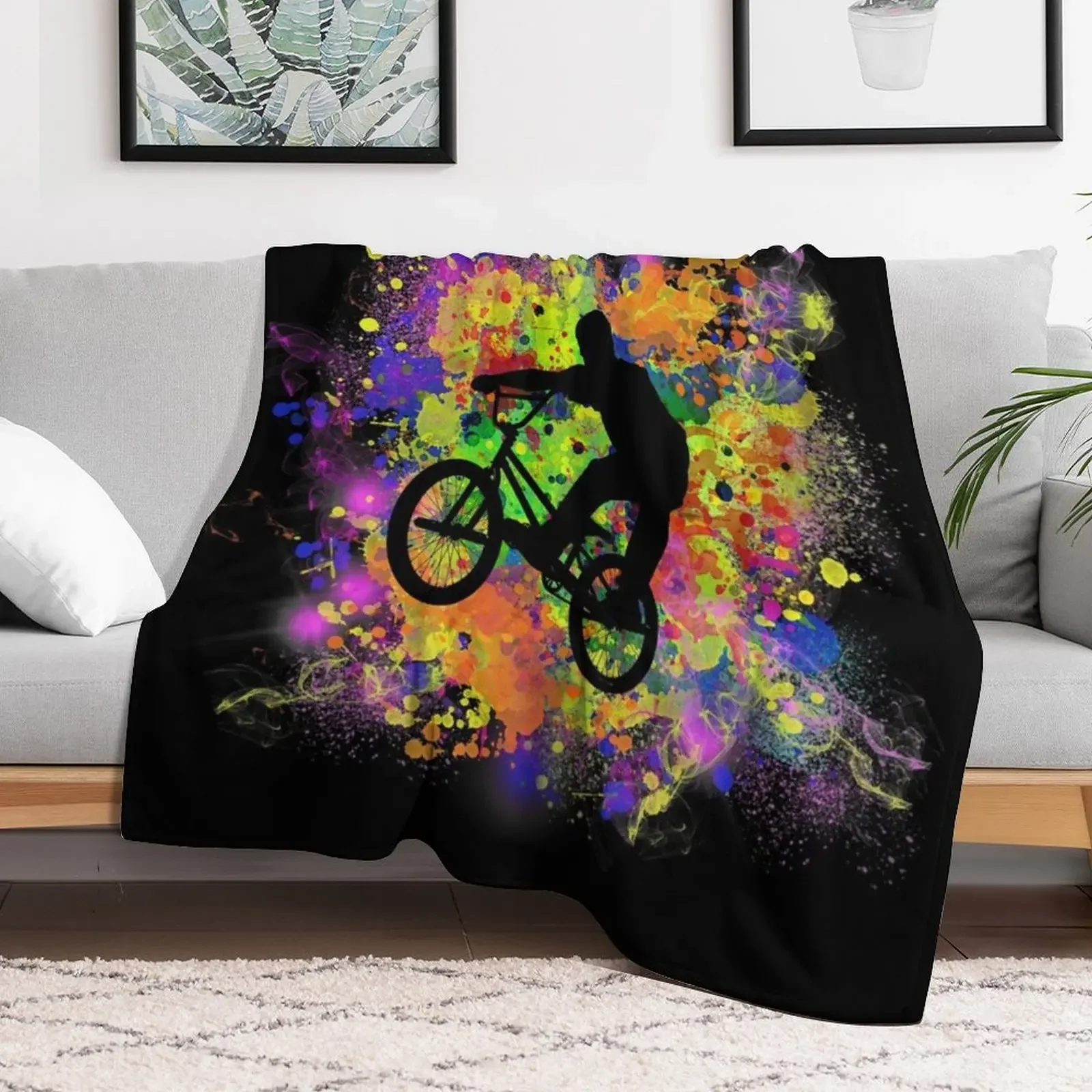 Extreme Sports BMX Bike Coloured Splash Illustration Throw Blanket Soft For Sofa Thin Blankets