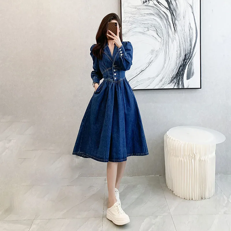 Women\'s Denim Dress Spring Autumn American Retro Long Sleeved Single Breasted A-line Dresses Temperament Slim Vestidos