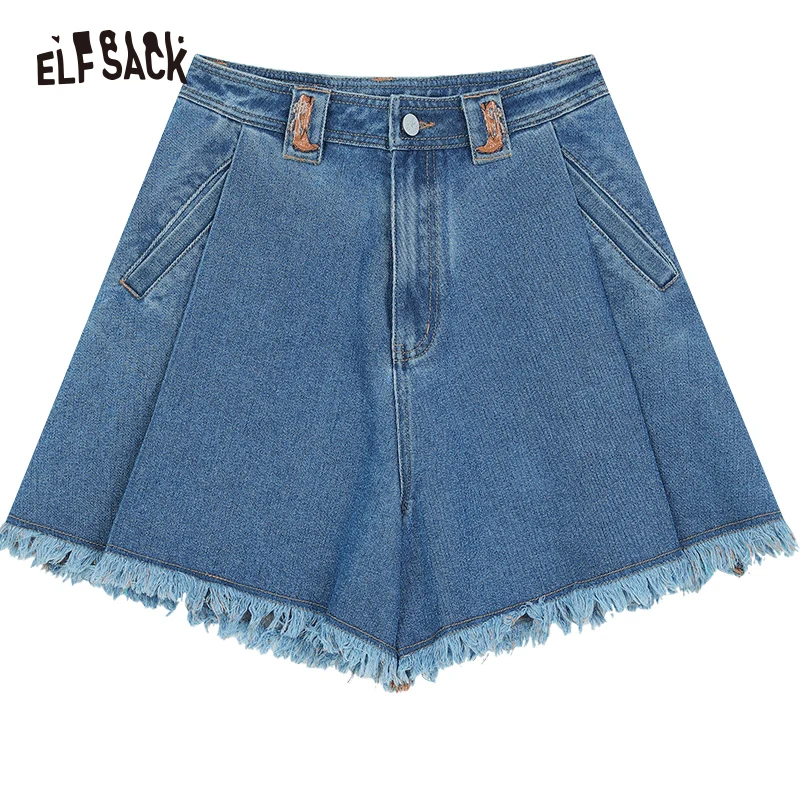 ELFSACK-Shorts jeans retro azul profundo para mulheres, jeans casual de comprimento médio, franjados, verão, novidades, 2022