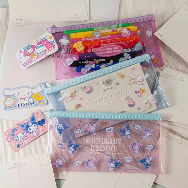 Sanrio Hello Kitty Kuromi Storage Bag Pencil Case Lovely Cartoon Pattern Transparent Card Package Stationery Supplies Girl Gift