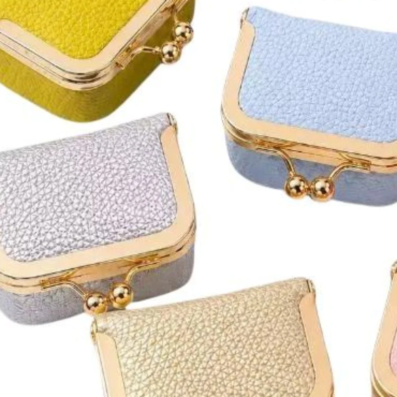 Wallet Genuine Leather Kiss Lock Coin Purse Solid Color Square Leather Jewelry Bag Multifunctional Mini Small Item Bag Earrings