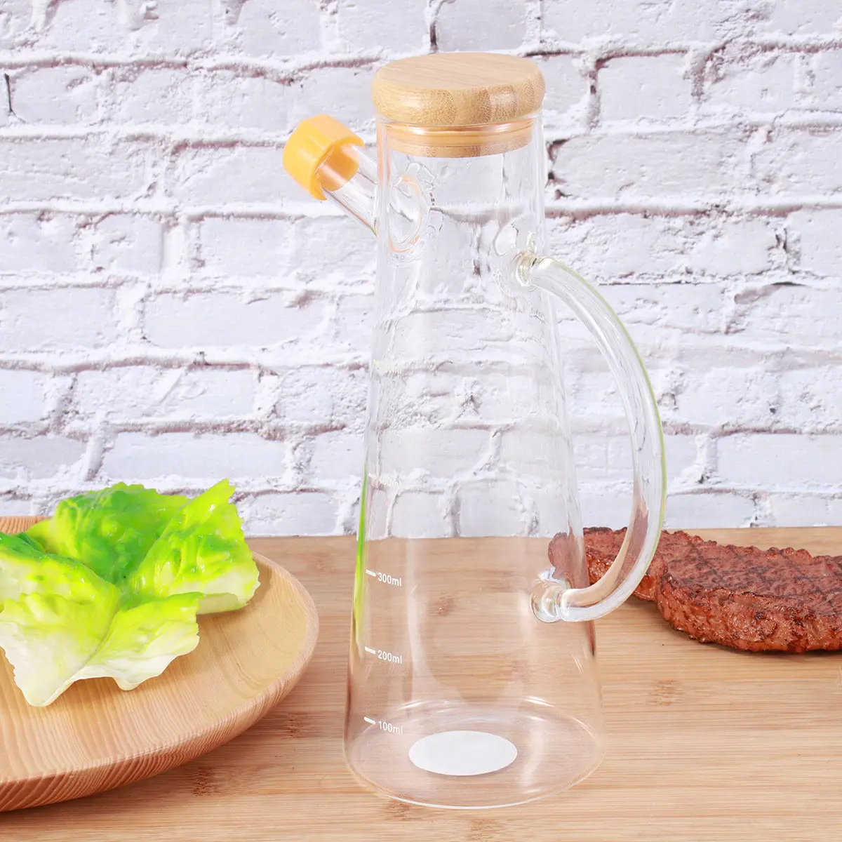 High Borosilicate Glass Oiler 500Ml Leak-Proof Transparent Oil Pot Home Kitchen Oil Dispenser with Bamboo Lid Scale Drip-Free