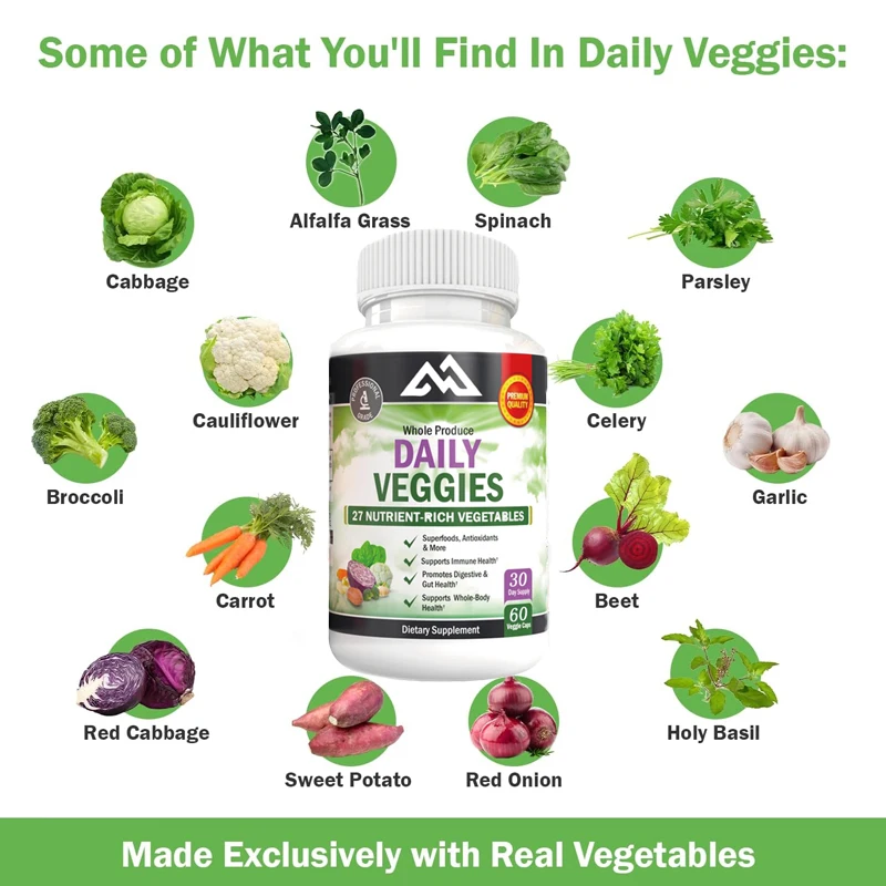 Male and Female Daily Vegetable Vegetarian Capsules -47 Whole Foods Vegetables - Multiple Natural Balanced Vitamins and Minerals