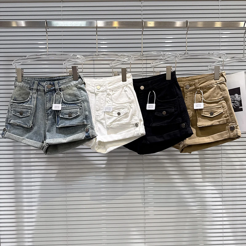 Fashion Spring Autumn Workwear Pocket Denim Shorts Female High Waist Wash Flanging Design Button Zipper Denim Shorts for Women