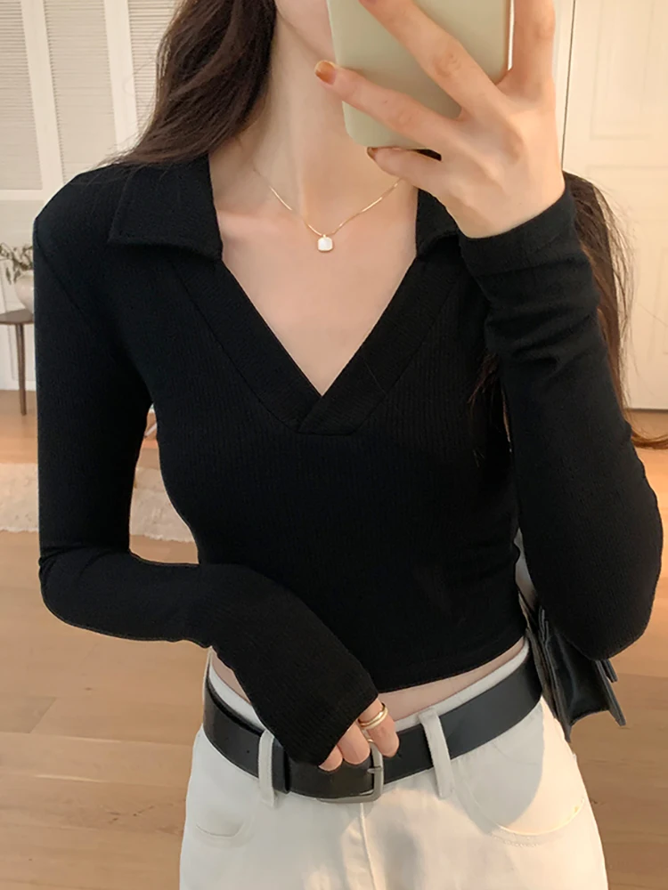 White Long Sleeve T-shirt For Women Short Style Slim Tops Screw Thread V Neck Basic Fashion T Shirt Woman Tees Ladies Clothes