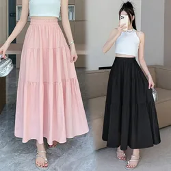 Lucyever 2024 Summer New Pink Long Skirt Women Fashion High Waist Patchwork A-Line Skirts Woman Solid Color All-Match Midi Skirt