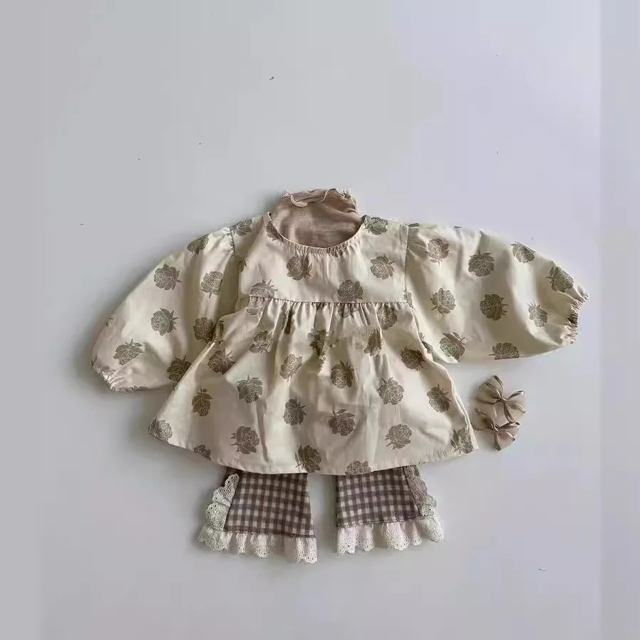 Baby Clothing Set 2024 New Fashionable Spring and Autumn Printed Flower Long-sleeved Blouse Shorts Girl Round Neck Two-piece Set