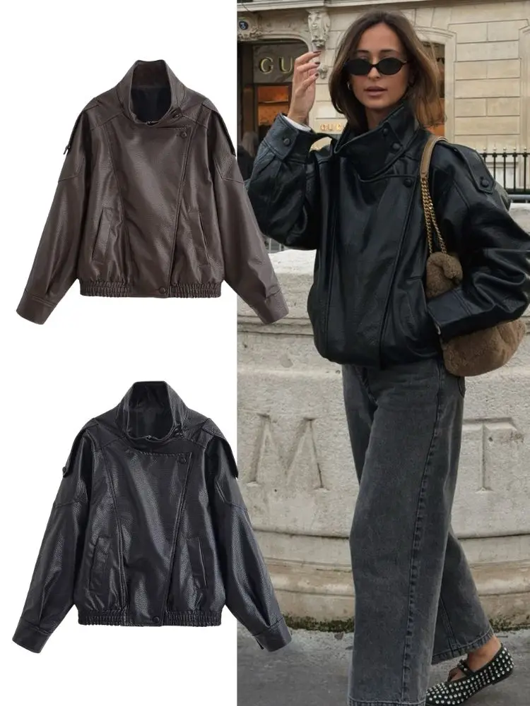

HH зимние женские куртки-бомберы из искусственной кожи 2025 винтажные свободные пальто с длинными рукавами и воротником-стойкой на молнии женская уличная одежда