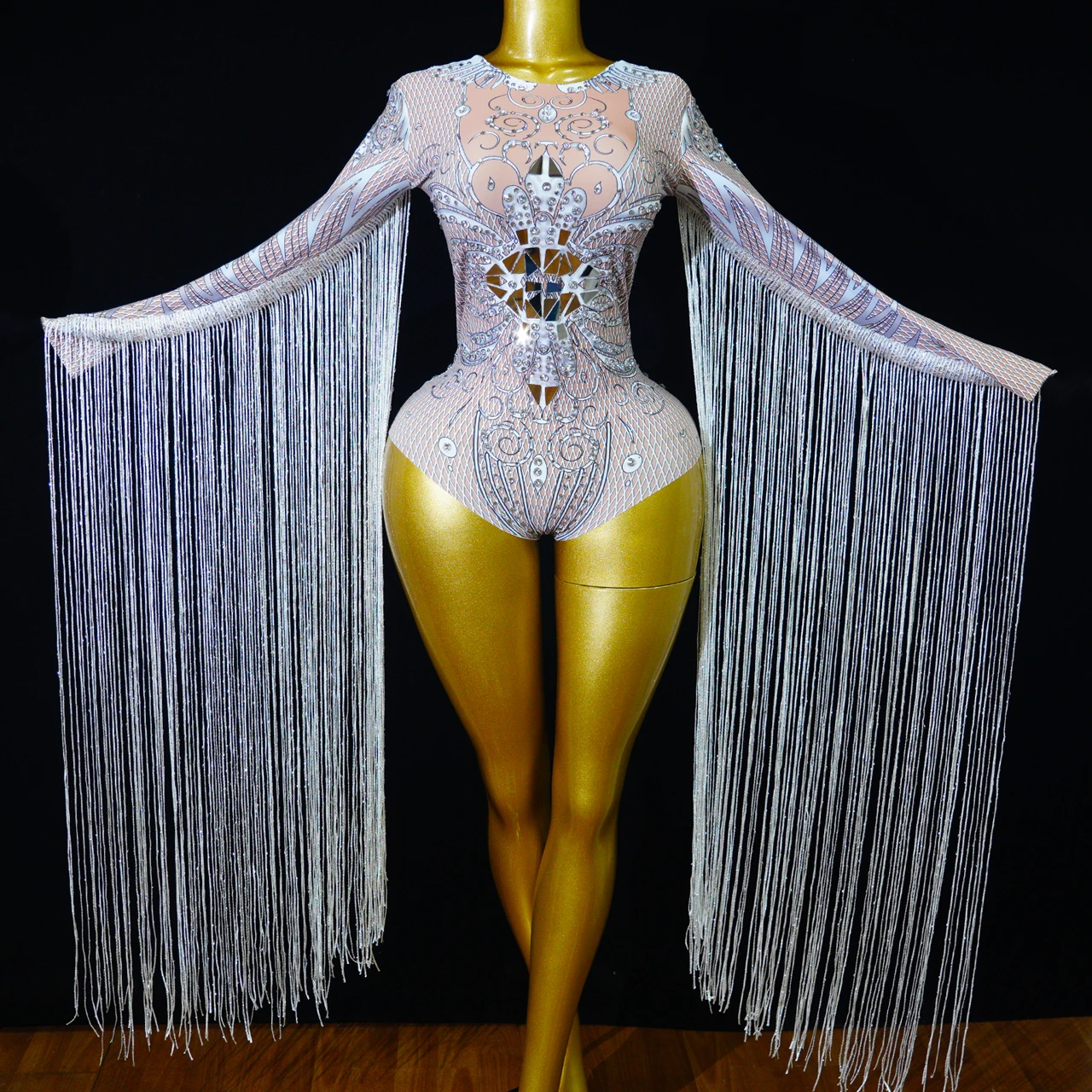 

Sexy Fringed White Bodysuit Luxurious Sparkling Mirrored Rhinestone Jumpsuit Drag Queen Birthday Party Performance Stage Outfit