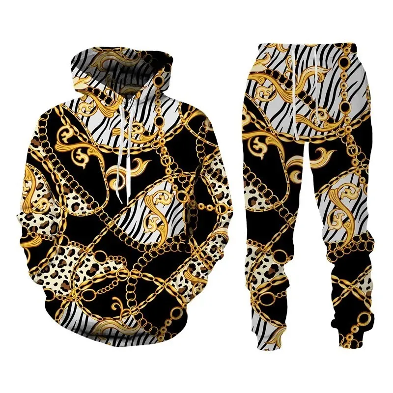 Fashion Luxury Golden Pattern Sweatshirt 3D Print Hooded Sweatshirt Pleasure Sportswear Trousers Suit Unisex clothing