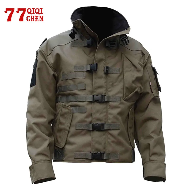 Mens Military Tactical Jacket Wear-resistant Multi-pocket Waterproof Thick Combat Jackets Loose Outdoor Hiking Windproof Coat