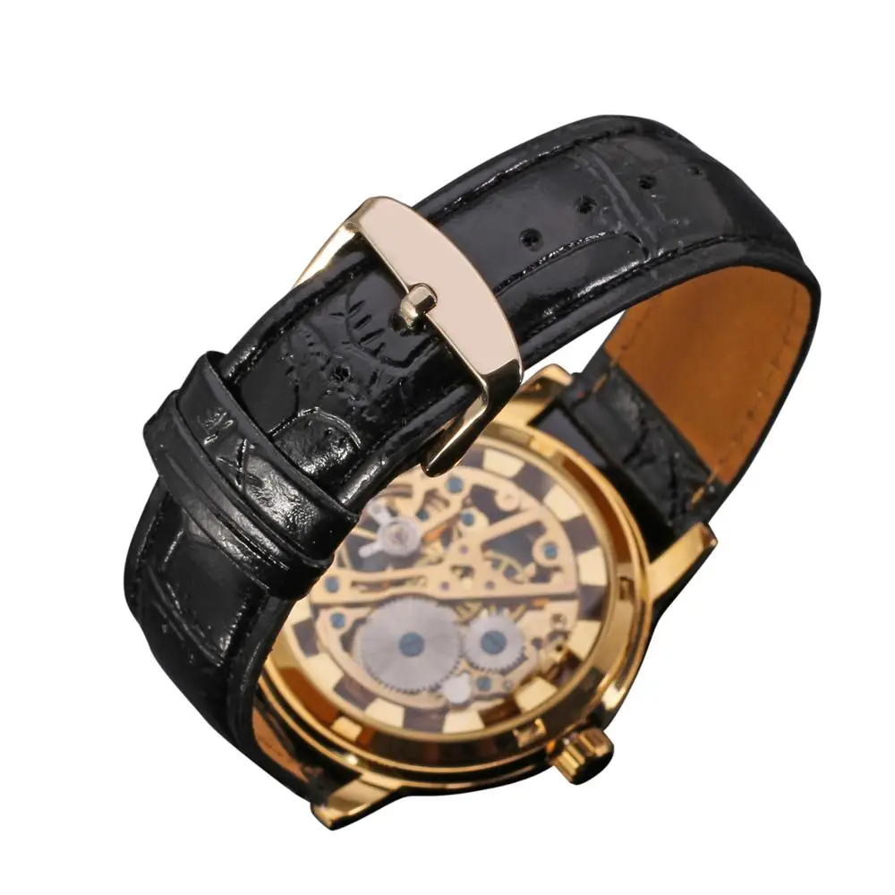 Luxury Brand New Style Transparent Golden Case Skeleton Dial Mens Hand Wind Mechanical Watch Black Leather Strap Nice Gift