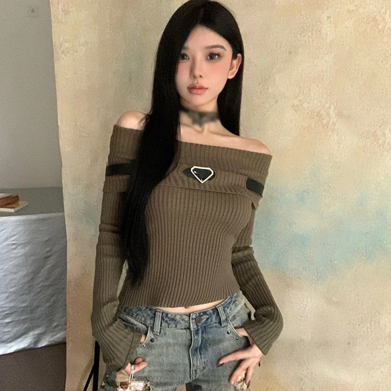 女性用長袖ニットトップ,裸の肩,ベルト装飾,ファッション気質