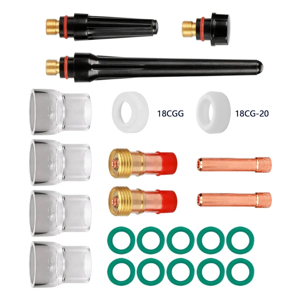 

Набор из 23 предметов: короткие газовые линзы 1.0/1.6/2.4/3.2 мм, стеклянные колбы Pyrex, сопла 18CGG и комплект прокладок для сварочных горелок WP-17/18/26 TIG