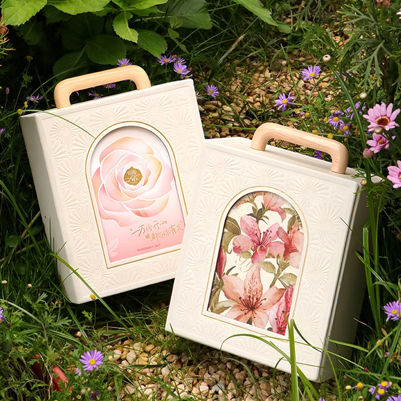 

New Flower Wedding Gift Box with Lids Wedding Storage Box with Wooden Handle,Christmas Birthday Gift Packaging Box Party Favors