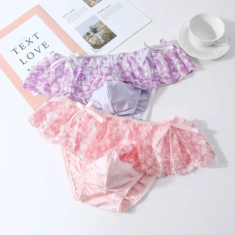 Sissy Men's Lace Pouch Bag Briefs Sweet Pink Male Gay Underwear Japanese Style Mid Waist Breathable Panties Briefs
