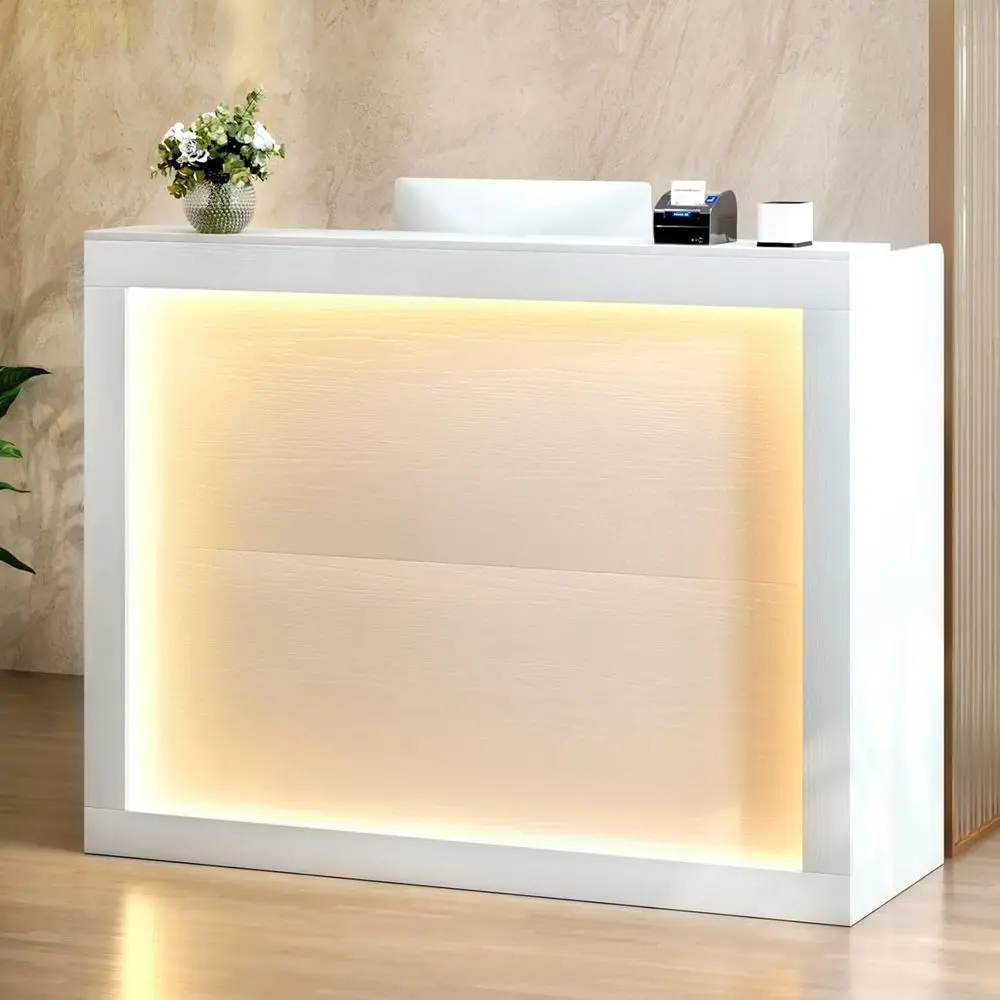 

Reception Desk with LED Lights, 55'' Retail Counter Modern with Storage Shelves and Cable Grommet, Front Table, Salon Desk, Offi