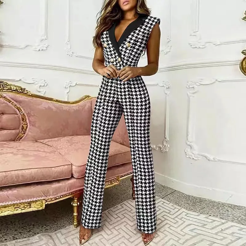 2024 New Elegant Women Plaid Jumpsuit Onepieces Y2K Chic Office Lady Summer Sleeveless V Neck High Waist Button Romper Overalls