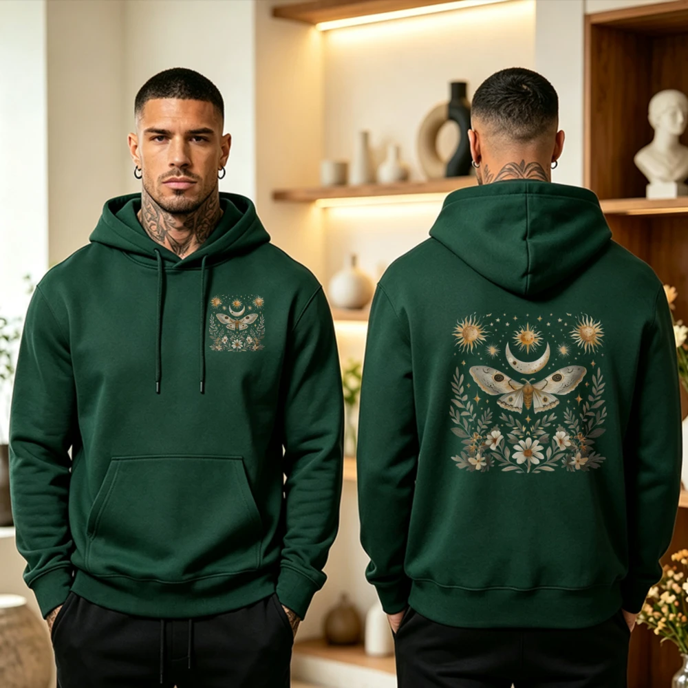 Vintage Sun Moon Floral Moth Graphic Hoodie Men Women Aesthetic Witchy Insect Front & Back Print Hooded Sweatshirt Pullover Tops