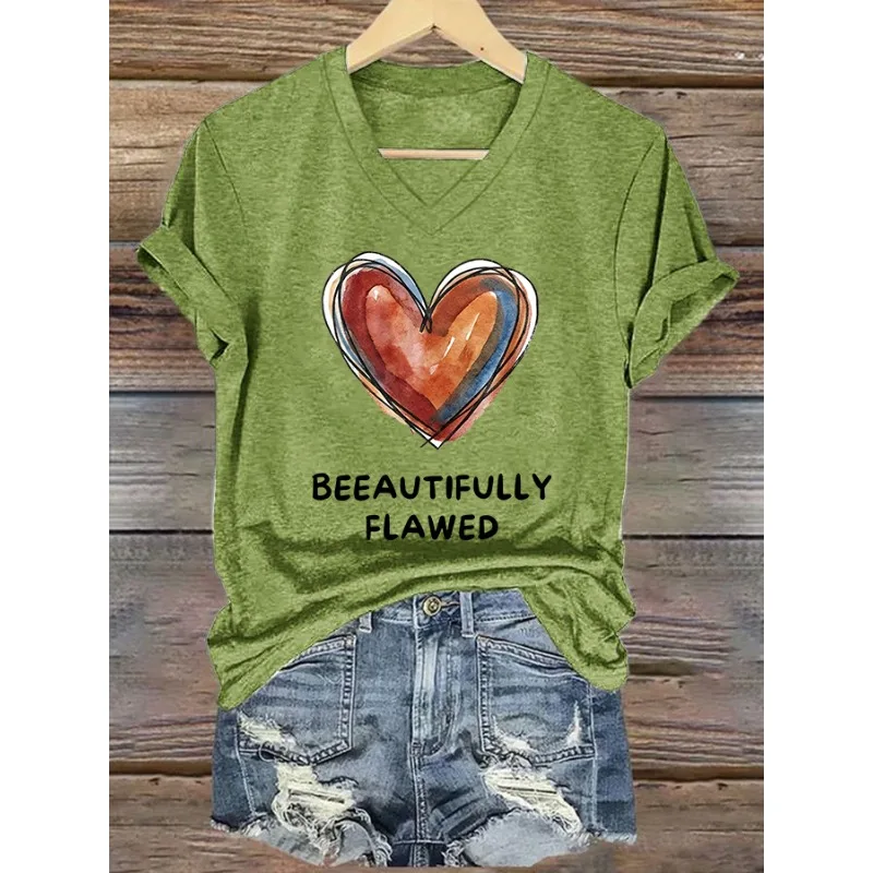 ilstile Women's Mental Health Print T-Shirts Short Sleeve  V Neck Female clothing Summer Black  Tops Casual Tees New Arrival
