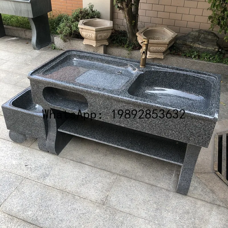 XL Outdoor Stone Laundry Sink with Washboard Integrated Basin Household Marble Handwashing Basin