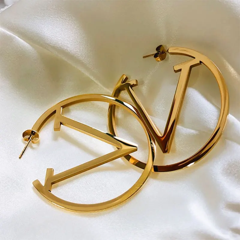 2024 New Trends V Letter Hoop Earrings For Women Stainless Steel Earrings Punk Round Ear Jewelry Gift image 2