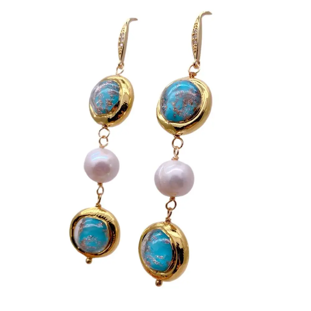 Y·YING Cultured White Pearl Blue Murano Glass Dangle Hook Earrings Handmade For Women Party