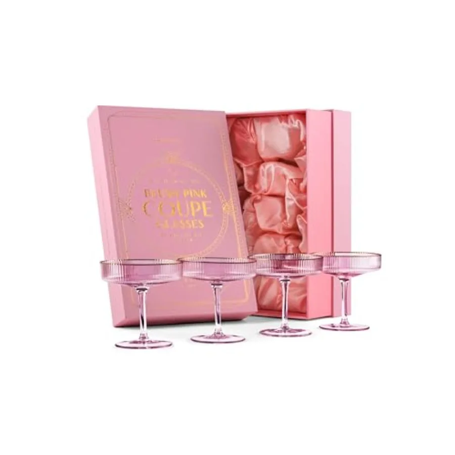 Juego de 4 Copas de Cristal Art Deco Vintage en Color Rosa Pálido con Bordes Dorados, 7 oz, para Beber Champán