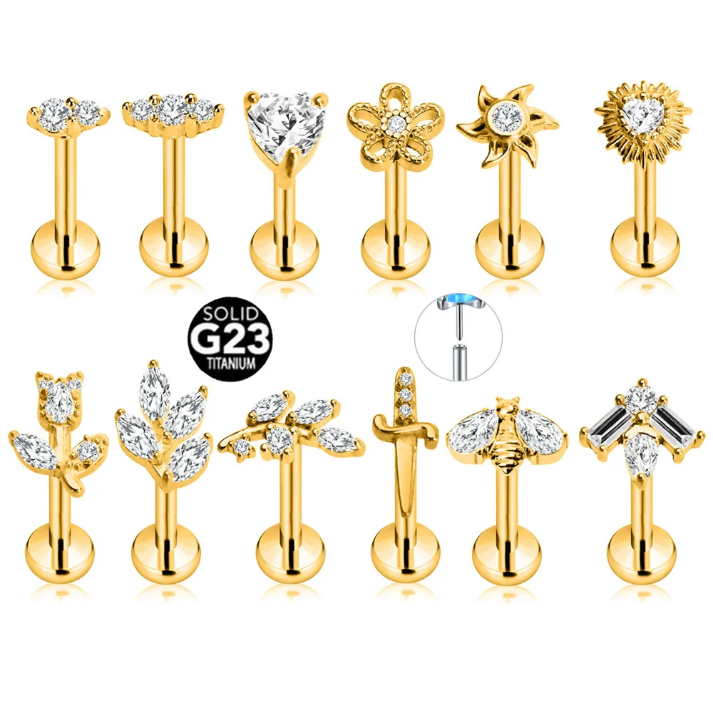 ASTM F136 G23 Titanium Bloemblaadjes Ster Hart Vlinder Threadless Piercing Pin Push in Labret Daith Conch Oorbel 16G 18G 20G