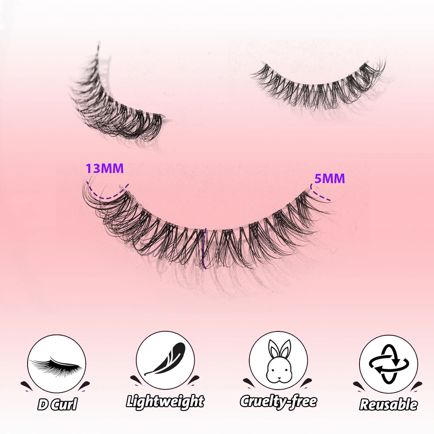 7 Pairs of Natural D Curled Transparent Stem Crossed False Eyelashes