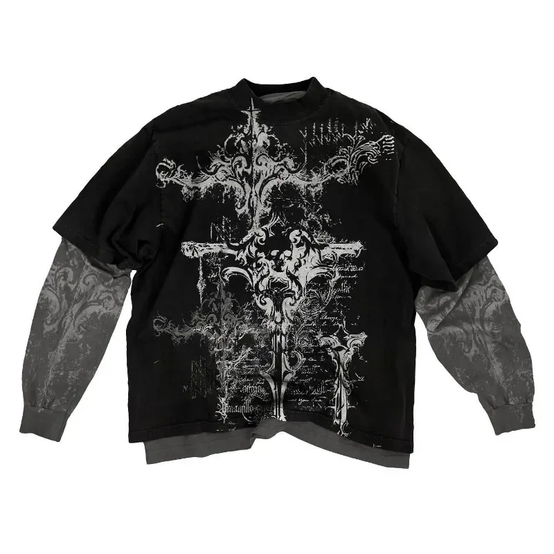 

Affliction Retro Gothic Print Oversized Fake Two-Piece Long-Sleeved T-shirt Men's And Women's Y2K New Harajuku Hip-Hop Punk Top