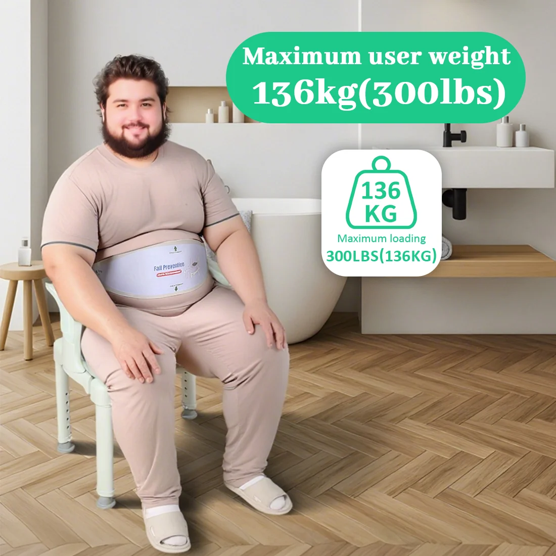 Ehucon Shower Chair with Back, Height Adjustable Bath Seat, Non-Slip Shower Bench with Safety Belt for Elderly(136kg/300lbs)