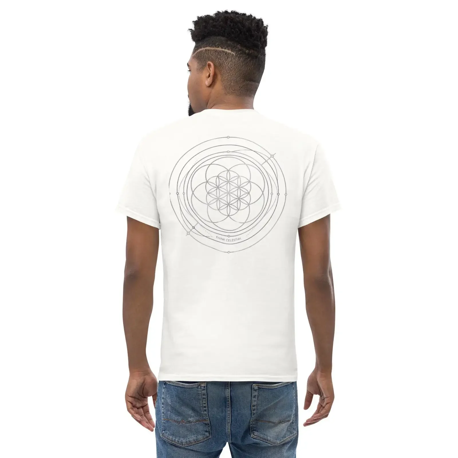 Think Celestial Flower of Life T Shirt Sacred Geometry Mandala Cosmic Medallion vintage Washed designer clothes Stylish