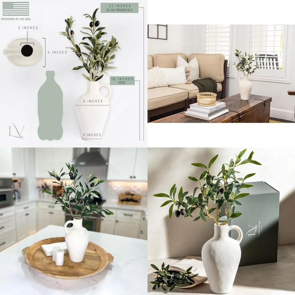 

Artificial Topiaries, 10 Inch Textured Ceramic Vase with 22 Inch Tall Olive Branches, White Medium, Minimalist Shelf Decor, Neut