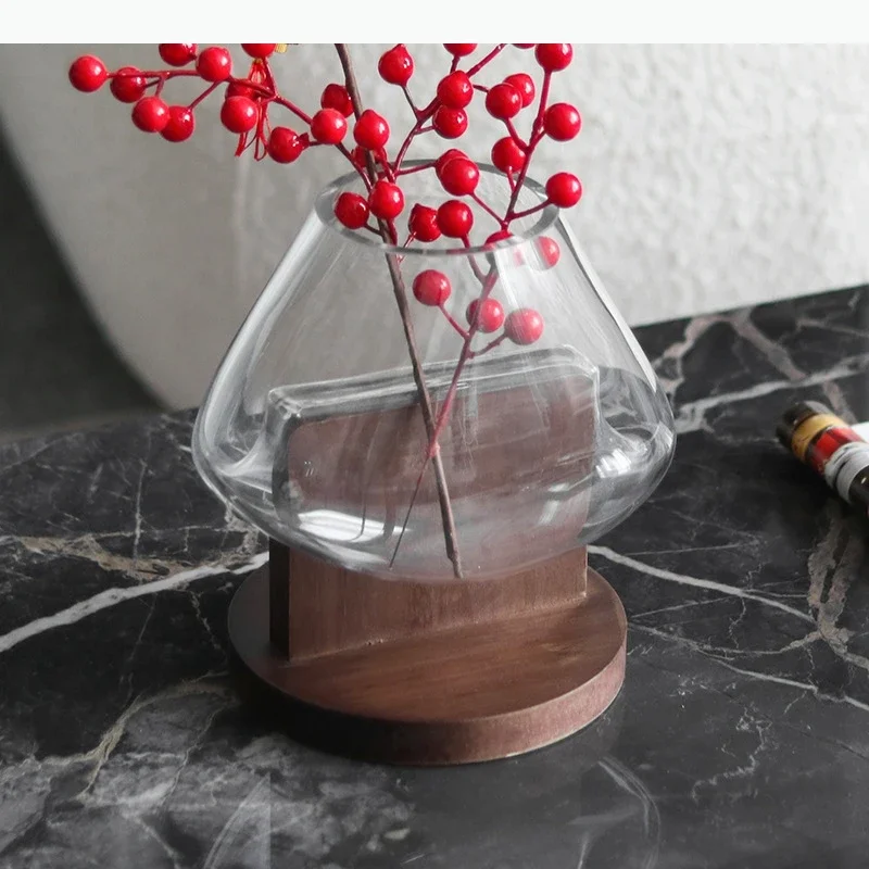 Creative Transparent Glass Vase Solid Wood Base Plant Pots Table Decoration Flower Arrangement Floral Vases Room Aesthetic Decor