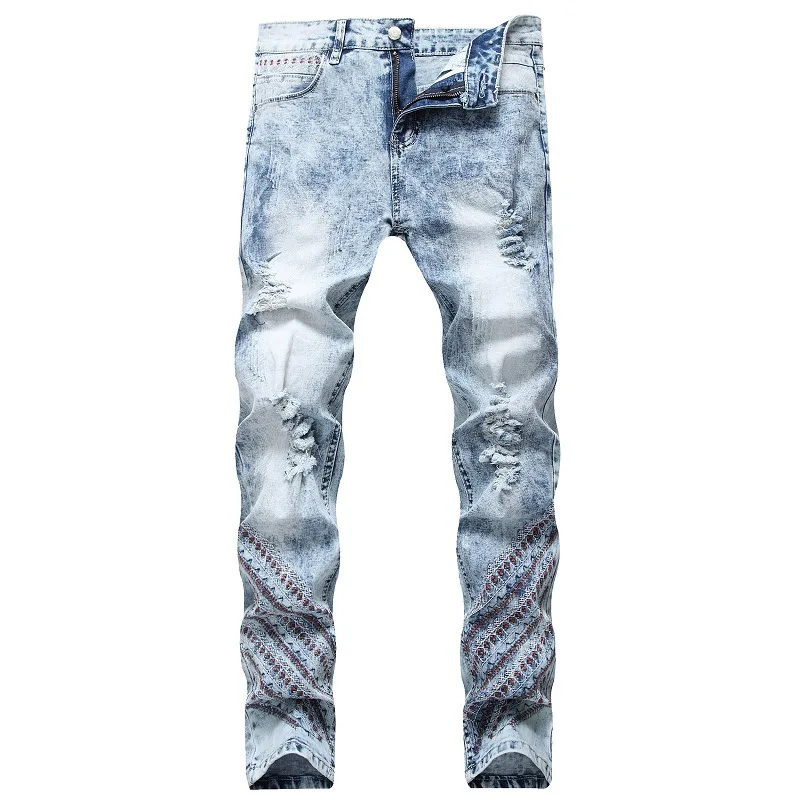 

Vintage Designer Casual Stretch Jeans Men Straight Slim Light Blue Embroidery Cotton Ripped Jeans Mens Denim Trousers