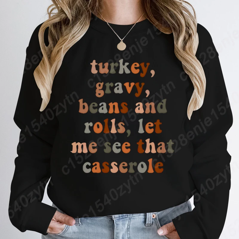 Funny Thanksgiving Turkey Gravy Beans And Rolls Print Pullovers Women Round Neck Pullover Pure Color Casual Hoodless Sweatshirts